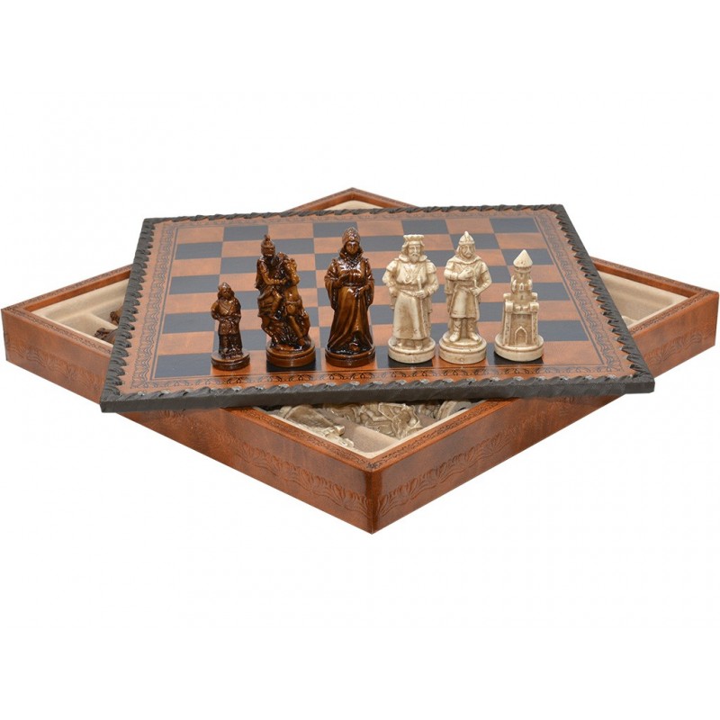 Juego Ajedrez Medieval + Backgammon Piel 28 cm