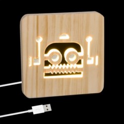 Lampara Led Cable USB Madera Robot 19 cm