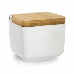 Salero Ceramica Blanco con Tapa Madera 12 cm