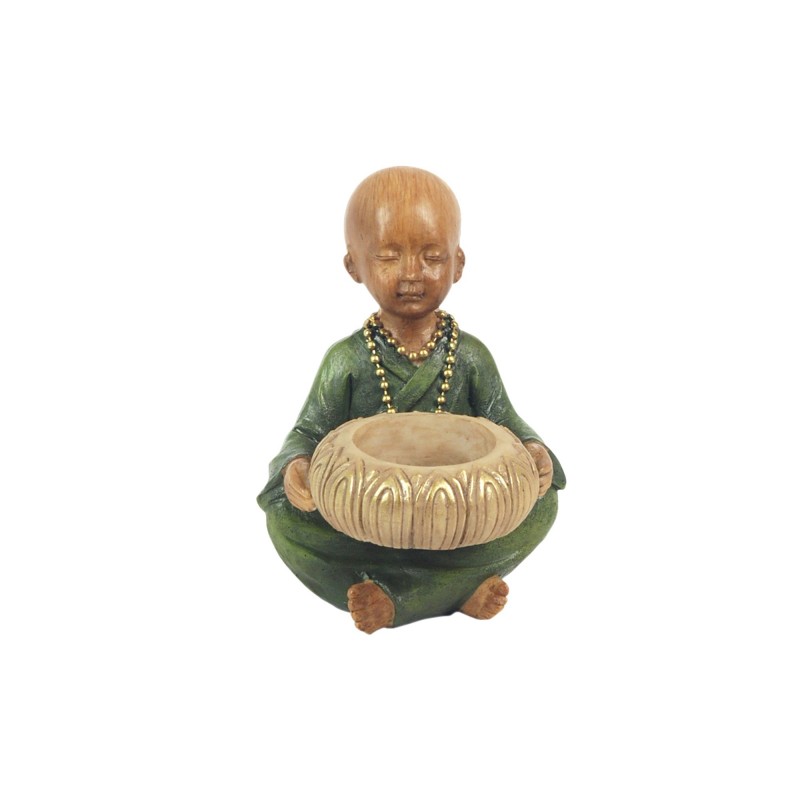 Candelabro Figura Decorativa Caja Monje Budista Resina 13 cm