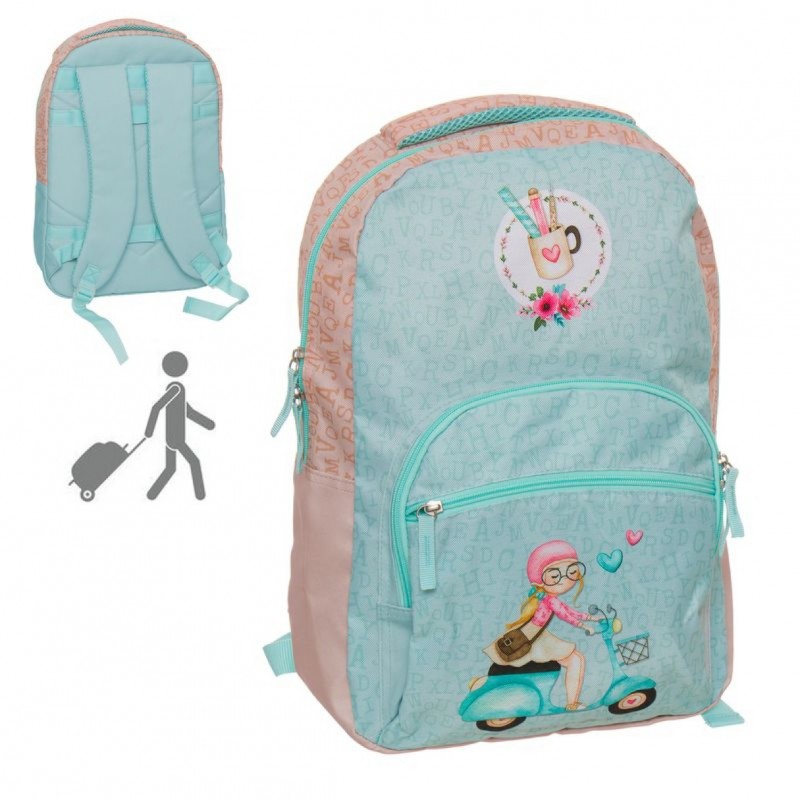 Mochila Escolar Colegio Niña Azul y Rosa Adaptable a Carro con Ruedas 43 cm