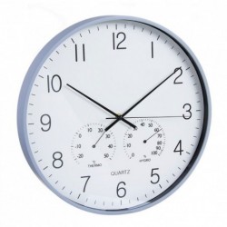 Reloj Pared Madera Redondo Gris Blanco con Termometro e Higrometro 40 cm