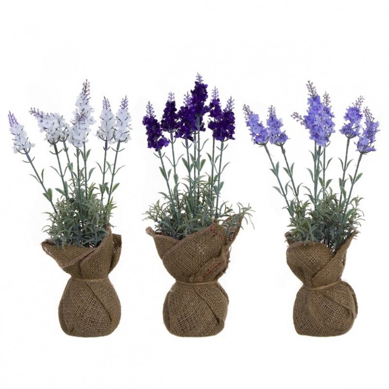 Set Maceta Planta Artifical x3 Lavanda 3 Colores Base Yute 34 cm