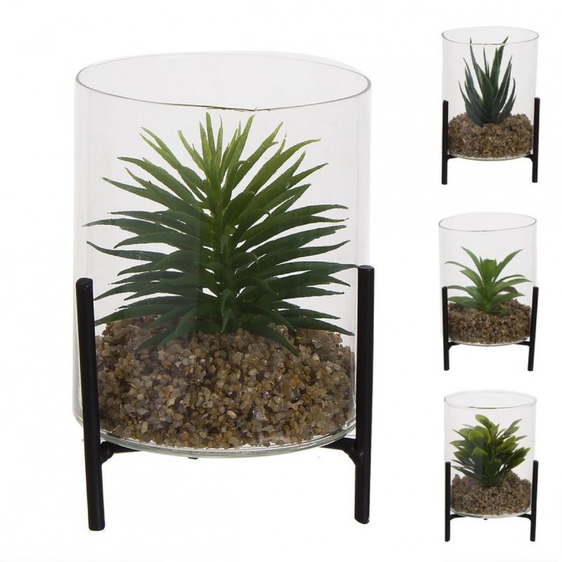 Set Planta Artificial x4 con Cristal Adorno Decorativo Maceta Cactus 15 cm