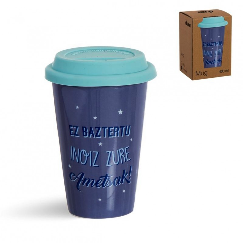 Taza Porcelana Portatil 400ML con Tapa Silicona Azul Mensaje en Euskera Cafe 14 cm