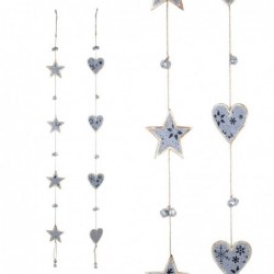 Adorno Decorativo x2 Colgante Navideño Madera Corazones y Estrellas Azul y Dorado Navidad 11 cm
