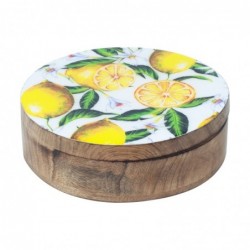 Caja Redonda Limones Madera de Mango Almacenaje Decorativo 20 cm