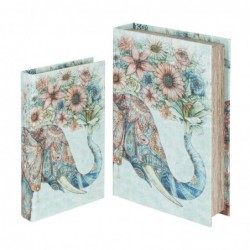 Set Dos Caja Libro 2 Tamaños Elefante Flores Decorativo y Funcional Diseño Etnico 26 cm