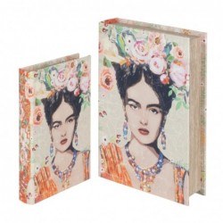 Set Dos Caja Libro 2 Tamaños Frida Kahlo Flores Decorativo y Funcional Diseño Etnico 26 cm
