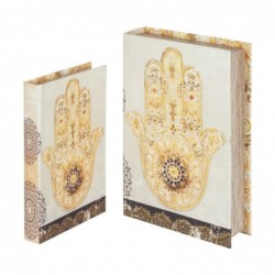 Set Dos Caja Libro 2 Tamaños Mano Fatima Jamsa Hamsa Decorativo y Funcional Diseño Etnico 26 cm