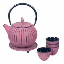Set Tetera con 4 Vasos y Sobremantel Hierro Fundido Rosa Oriental Etnico 15 cm