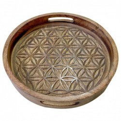 Bandeja Decorativa Redonda Madera Centro Mesa Comida Flores Diseño Étnico Boho 34 cm