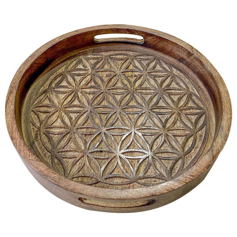 Bandeja Decorativa Redonda Madera Centro Mesa Comida Flores Diseño Étnico Boho 34 cm