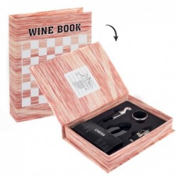 Caja Forma de Libro con 4 Accesorios para Vino con Ajedrez 22x16 cm