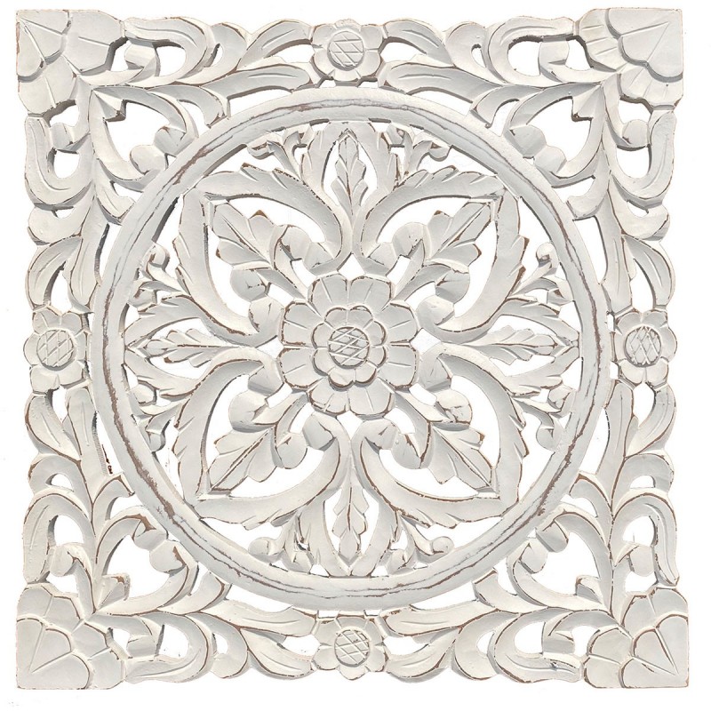 Cuadro Pared Adorno Decorativo Cuadrado Flores Madera Tintada Blanco 60 cm