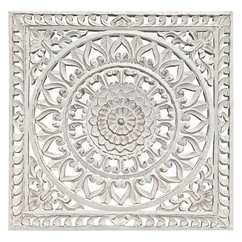 Cuadro Pared Adorno Decorativo Cuadrado Mandala Flores Madera Tintada  Blanco 90 cm