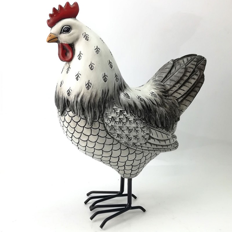 Figura Decorativa Gallina Blanco Negro Gallo Resina 27 cm