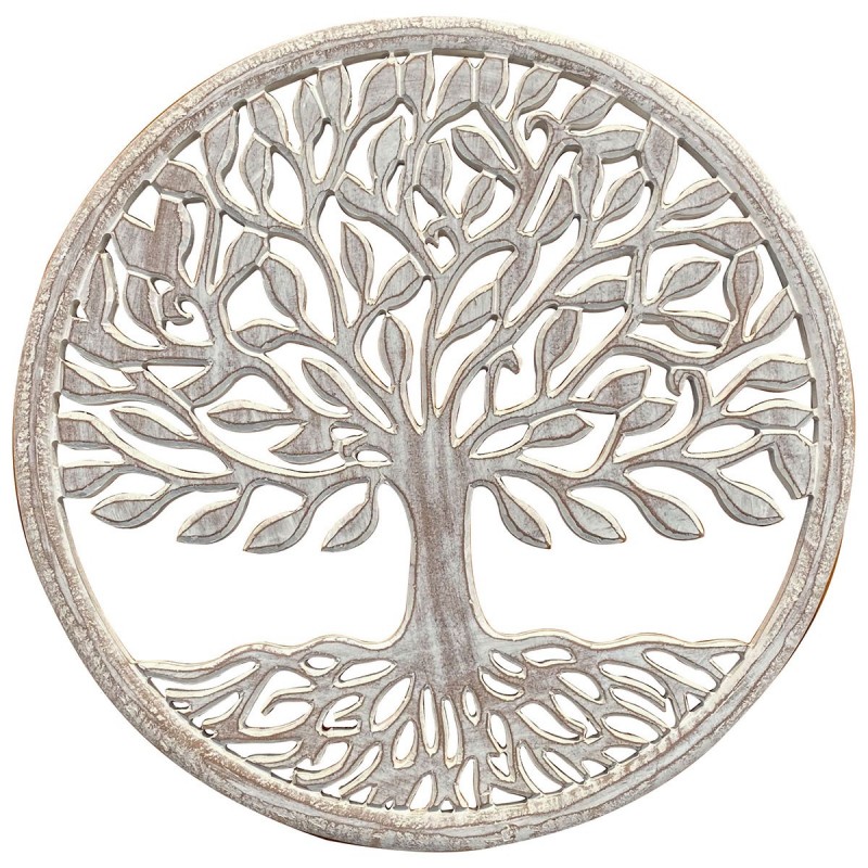 Placa Pared Adorno Decorativo Arbol de la Vida Madera Tintada Blanco 60 cm