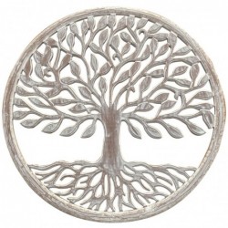 Placa Pared Adorno Decorativo Arbol de la Vida Madera Tintada Blanco 90 cm