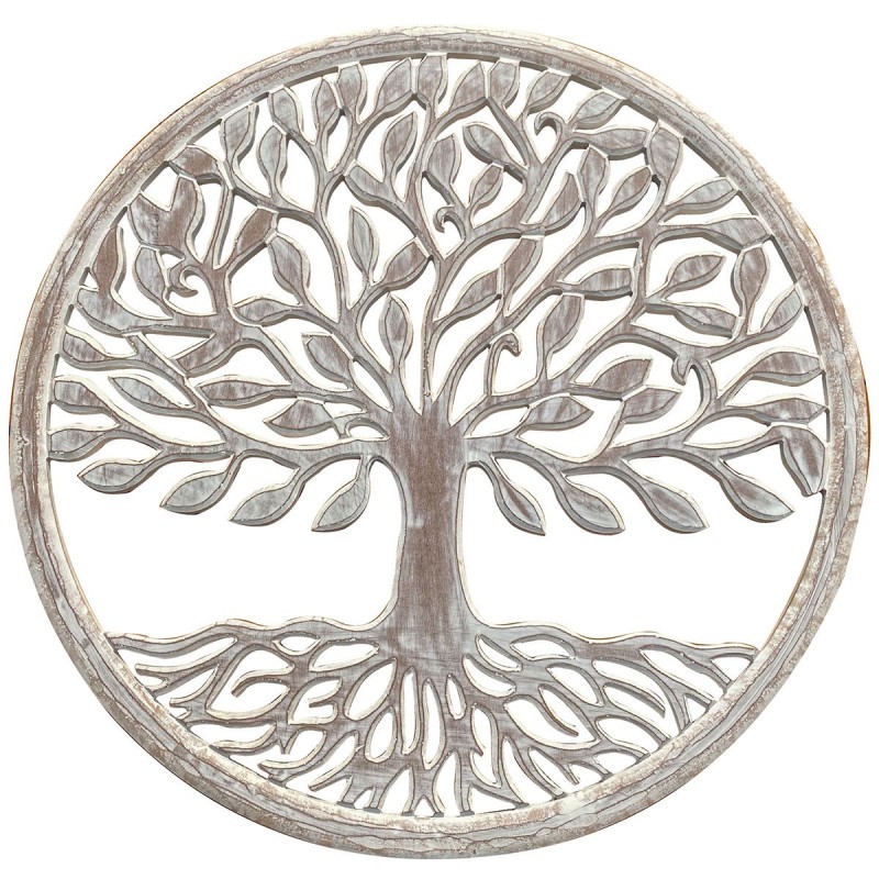 Placa Pared Adorno Decorativo Arbol de la Vida Madera Tintada Blanco 90 cm