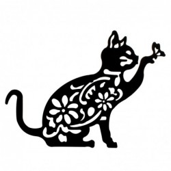 Placa Pared Adorno Decorativo Gato con Mariposa Flores Negro Metalico 51 cm
