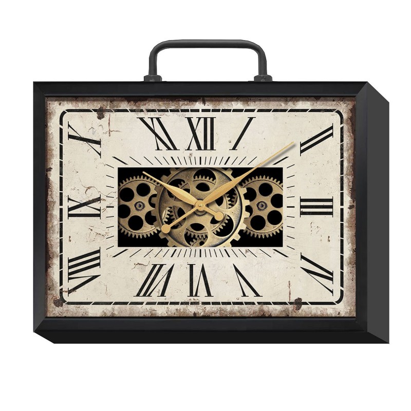 Reloj Pared Decorativo Maleta Vintage Antiguo Engranajes Visibles Metal y Cristal 40 cm