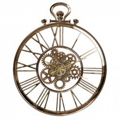 Reloj Pared Decorativo Vintage Antiguo Dorado Engranajes Visibles Metal y Cristal 80 cm