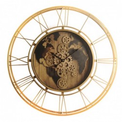 Reloj Pared Decorativo Vintage Antiguo Dorado Mapa Mapamundi Engranajes Visibles Metal y Cristal 70 cm