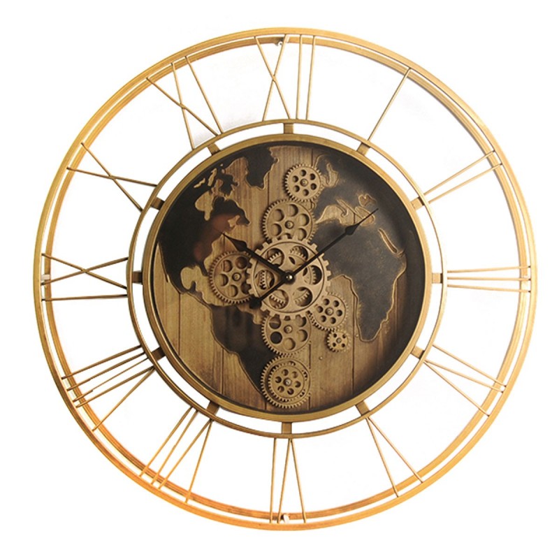 Reloj Pared Decorativo Vintage Antiguo Dorado Mapa Mapamundi Engranajes Visibles Metal y Cristal 70 cm