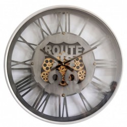 Reloj Pared Decorativo Vintage Plateado Ruta 66 Engranajes Visibles Metal y Cristal 60 cm