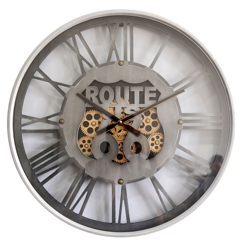ponerse en cuclillas Elástico esqueleto Reloj Pared Decorativo Vintage Plateado Ruta 66 Engranajes Visibles Metal y  Cristal 60 cm