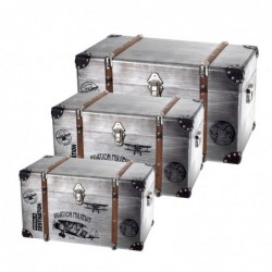Set Caja Almacenaje x3 Madera Aluminio Baúl Estilo Maleta Vintage 3 Tamaños
