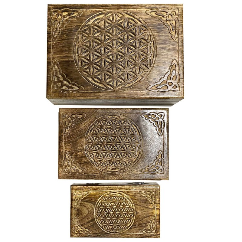 Set Caja Decorativa Madera x3 3 Tamaños Diseño Étnico Antiguo Almcenaje 25 cm