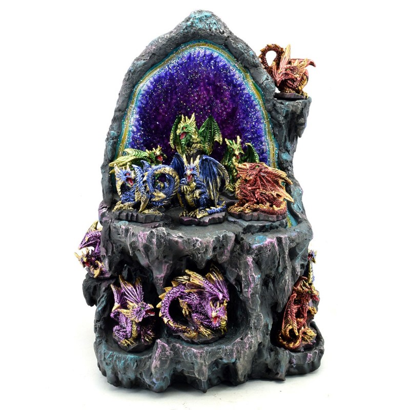 Set Figura Decorativa Cueva Geoda Resina con 12 Dragones Fantasía 28 cm