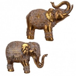 Set Figura Decorativa Elefante Oriental x2 Dorado Resina 17 cm