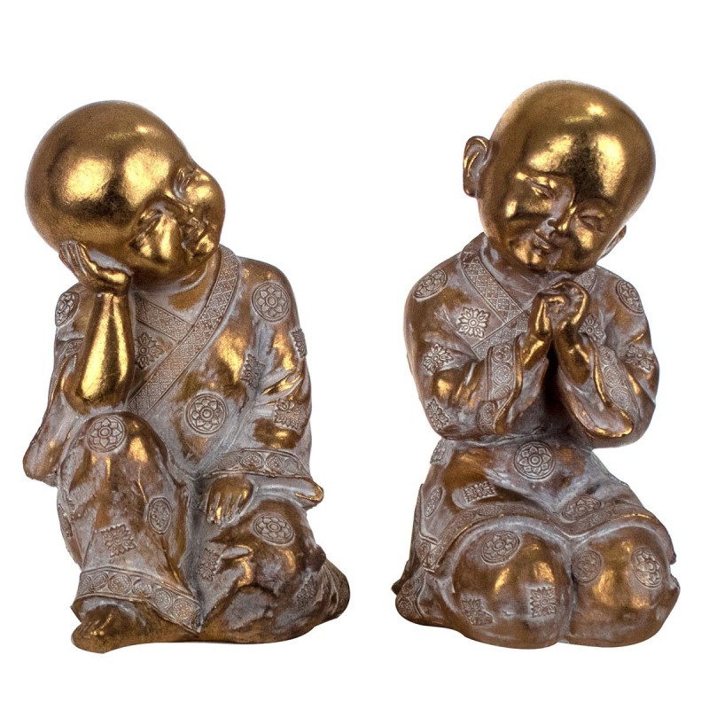 Set Figura Decorativa Monje Budista x2 Buda Dorado Resina 20 cm