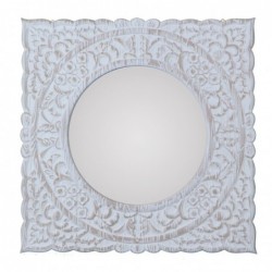 Espejo Cuadrado Decorativo Marco Fibras Madera Blanco con Flores Boho 50 cm