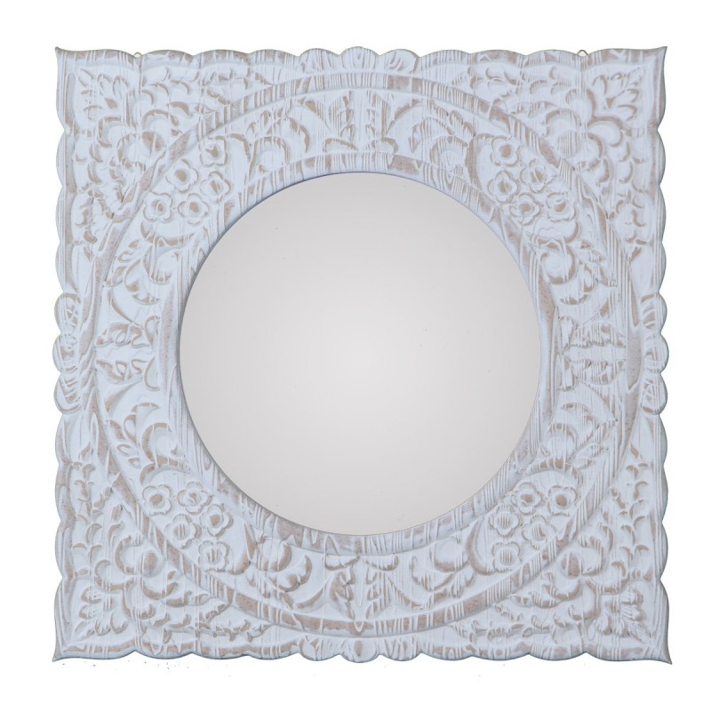 Espejo Cuadrado Decorativo Marco Fibras Madera Blanco con Flores Boho 50 cm