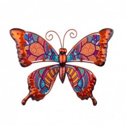 Figura Decorativa Mariposa Roja Naranja Adorno Pared Metal y Cristal 26 cm
