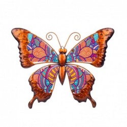 Figura Decorativa Mariposa Roja Naranja Adorno Pared Metal y Cristal 30 cm
