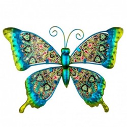 Figura Decorativa Mariposa Verde Azul Adorno Pared Metal y Cristal 26 cm