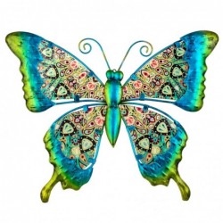 Figura Decorativa Mariposa Verde Azul Adorno Pared Metal y Cristal 30 cm
