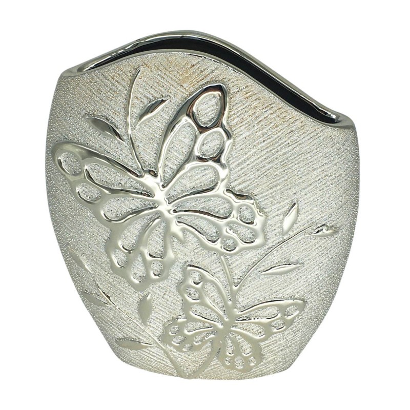 Jarrón Decorativo Flores Mariposas Plateado Ceramica 28 cm