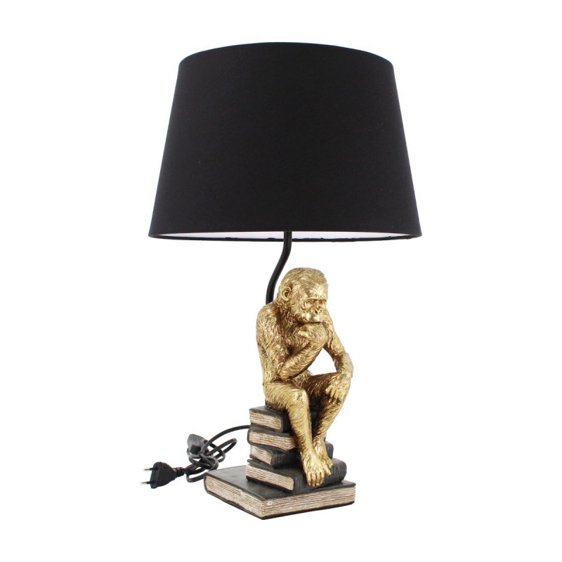 Lámpara Sobremesa con Campana Negra Figura Mono Pensando Dorado Despacho Libros  50 cm