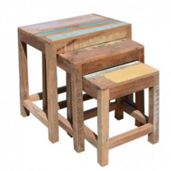Mueble Auxiliar Set 3 Mesa Nido Taburete Madera Estilo Rustico Antiguo Vintage 47 cm