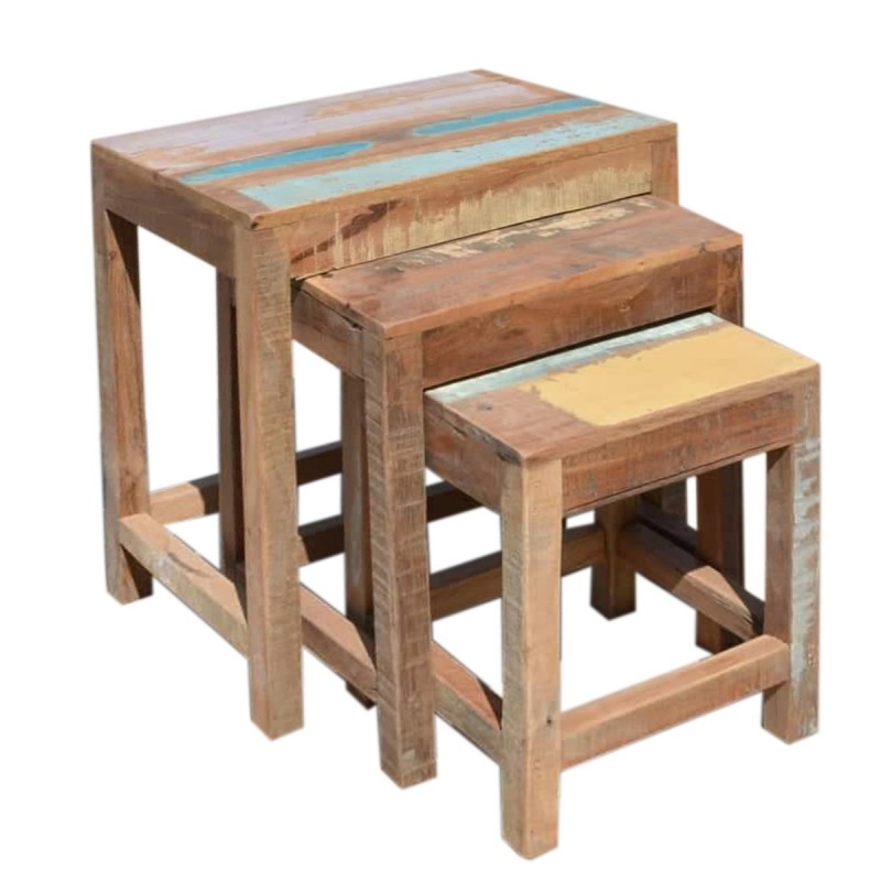 Mueble Auxiliar Set 3 Mesa Nido Taburete Madera Estilo Rustico Antiguo Vintage 47 cm