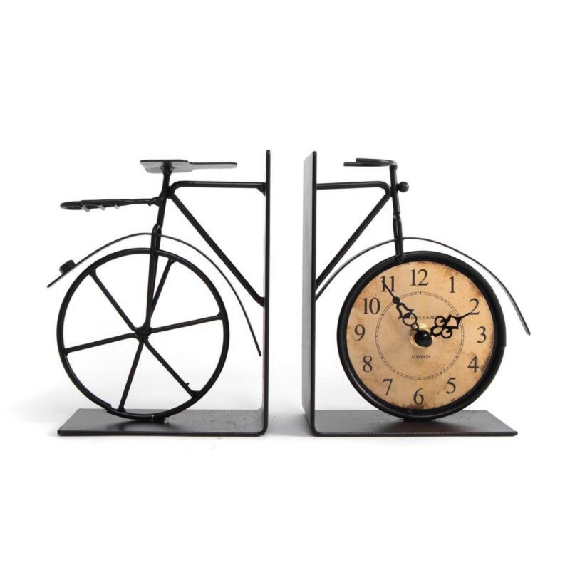Sujetalibros Decorativo Bicicleta con Reloj Funcional Diseño Vintage Industrial 23 cm