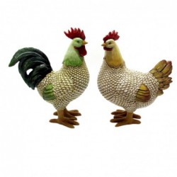 Set Figura Decorativa Gallo Gallina x2 Resina Verde Amarillo 23 cm