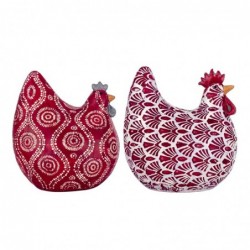 Set Figura Decorativa Gallo Gallina x2 Resina Rojo Blanco 12 cm