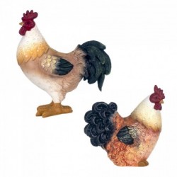 Set Figura Decorativa Gallo Gallina x2 Resina Estilo Realista 15 cm